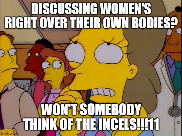 discussing women's right over their own bodies? Won't somebody think of the incels!!!11