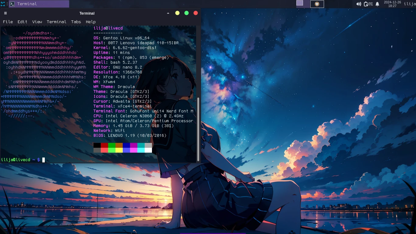 Screenshot of xfce desktop with open terminal and neofetch that shows gentoo is installed. anime girl as background and dracula theme.