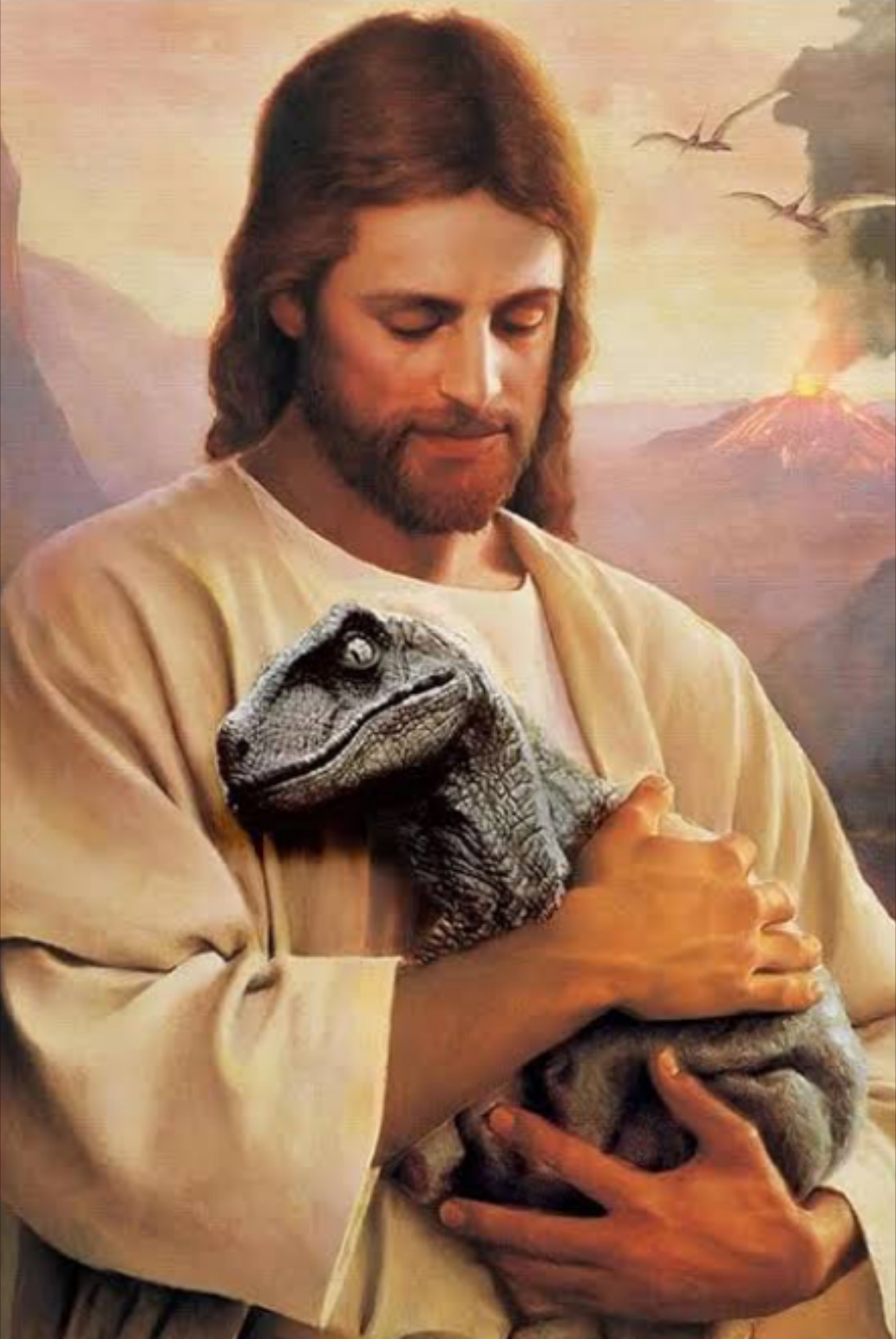 Jesus Christ holding baby a animal