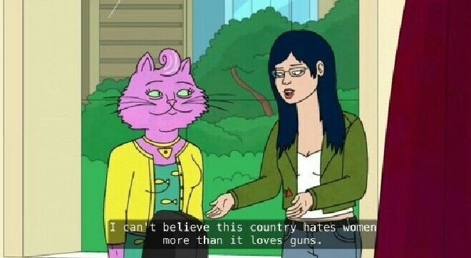 Princess Caroline and Diane from Bojack Horseman. Diane is saying "I can't believe this country hates women more than it hates guns."