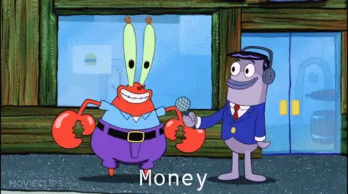 mr crabs money meme with mr crabs and an announcer outside of the krusty crab